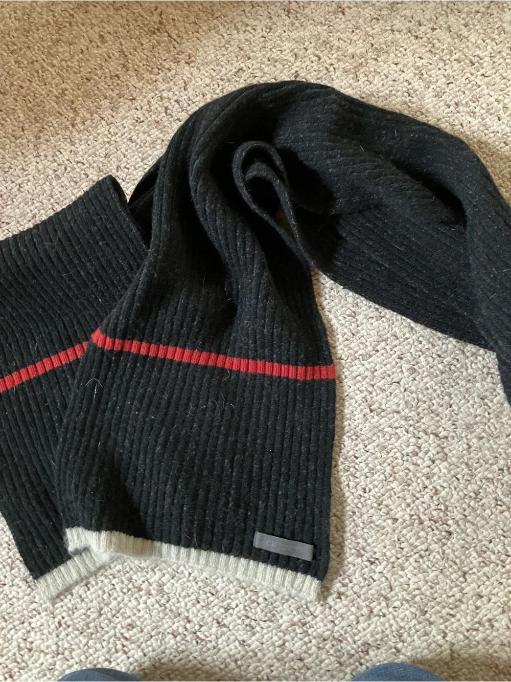 Calvin Klein Black Ribbed Scarf with Red Stripe